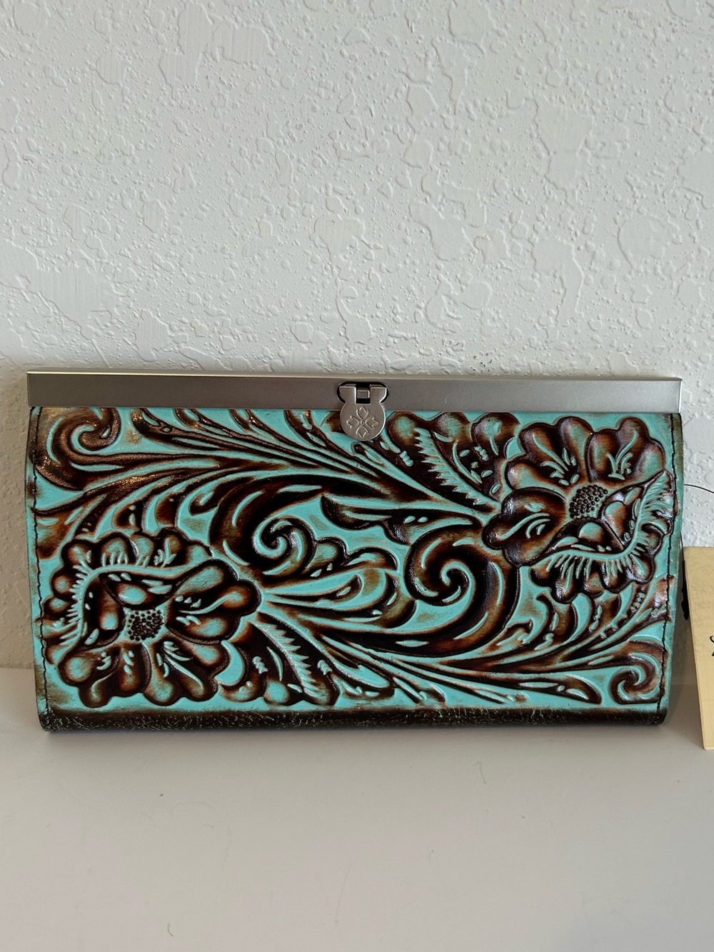 Patricia Nash Turquoise Italian leather Tooled Leather Clutch Wallet